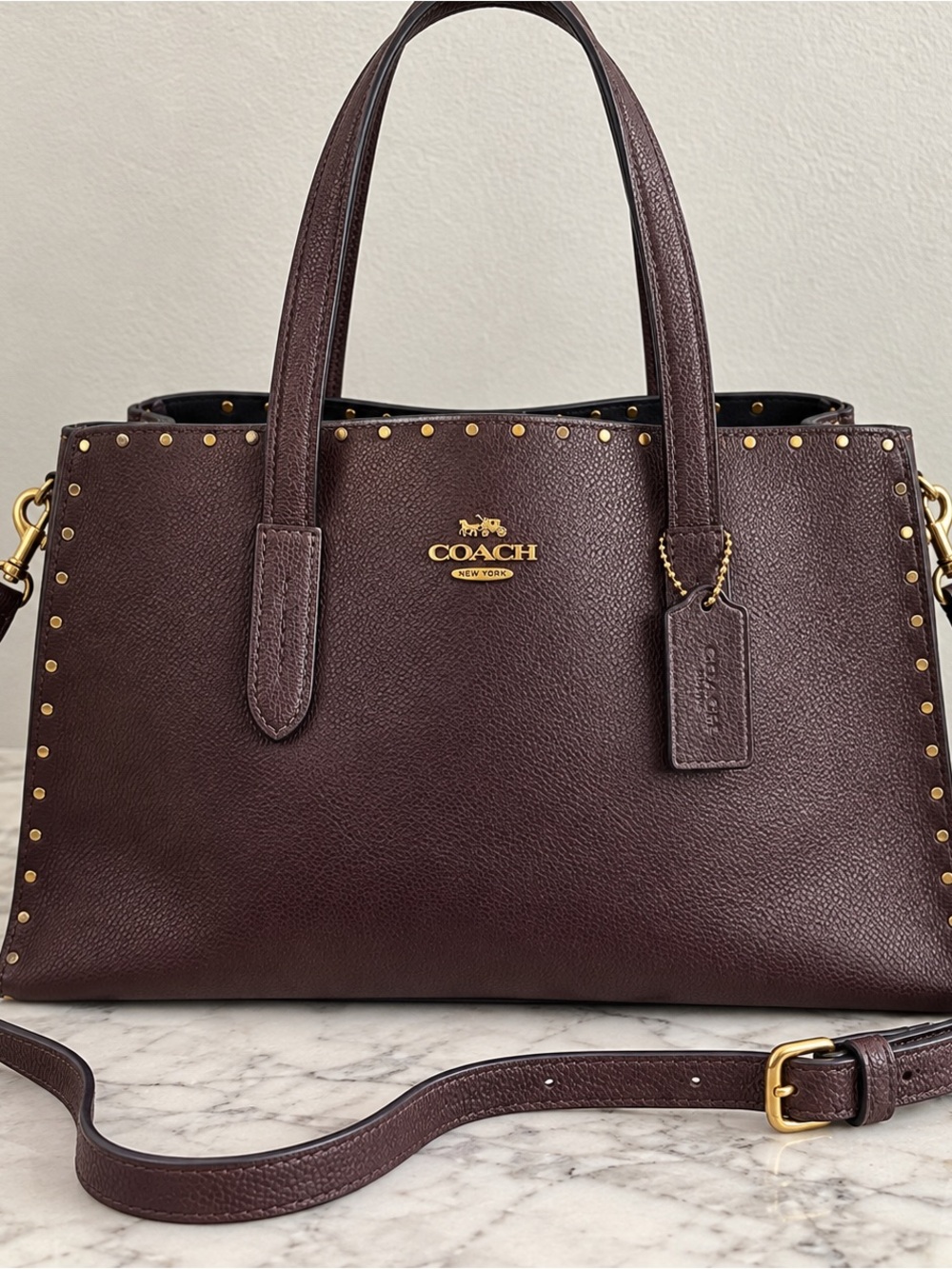 Coach Charlie Carryall Wine Burgundy Pebble Leather Gold Rivet Tote Crossbody